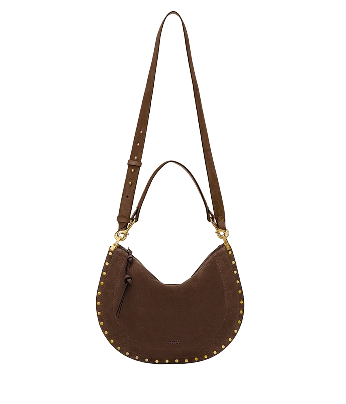 Oskan Soft Zip Bag in Suede Leather - A brown crescent-shaped shoulder bag with gold-tone studs along the edge, a top handle, and a long adjustable shoulder strap