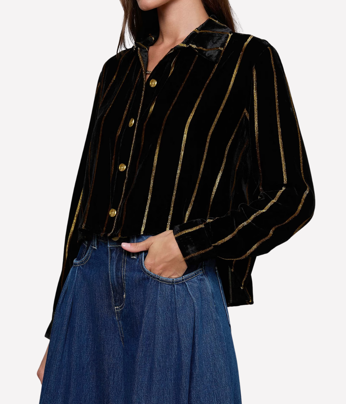 Cosette Crop Hi Low Shirt In Black Gold Stripe