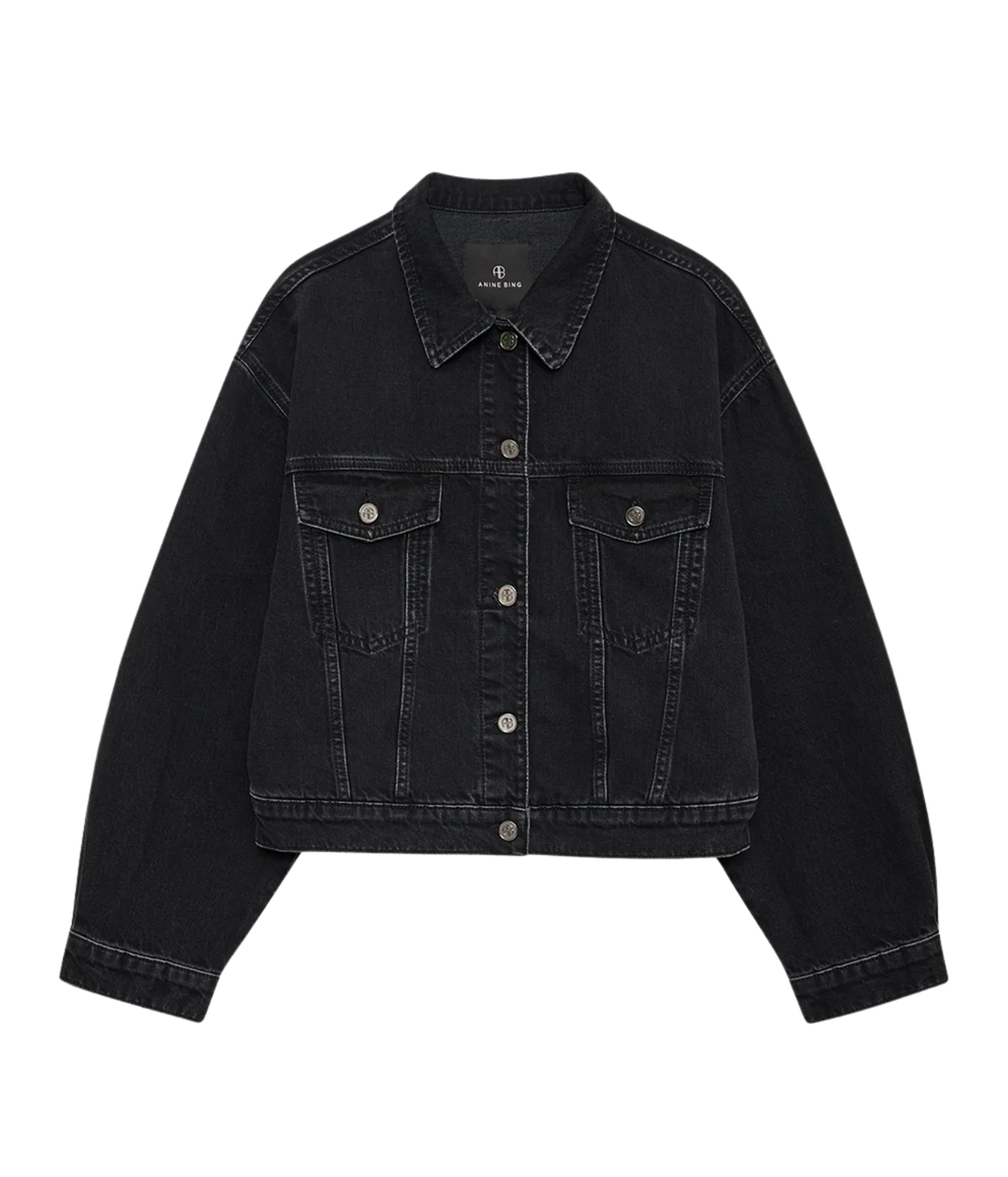 A black cropped denim jacket with a classic collar, button front, and two buttoned chest pockets, shown flat against a plain white background.