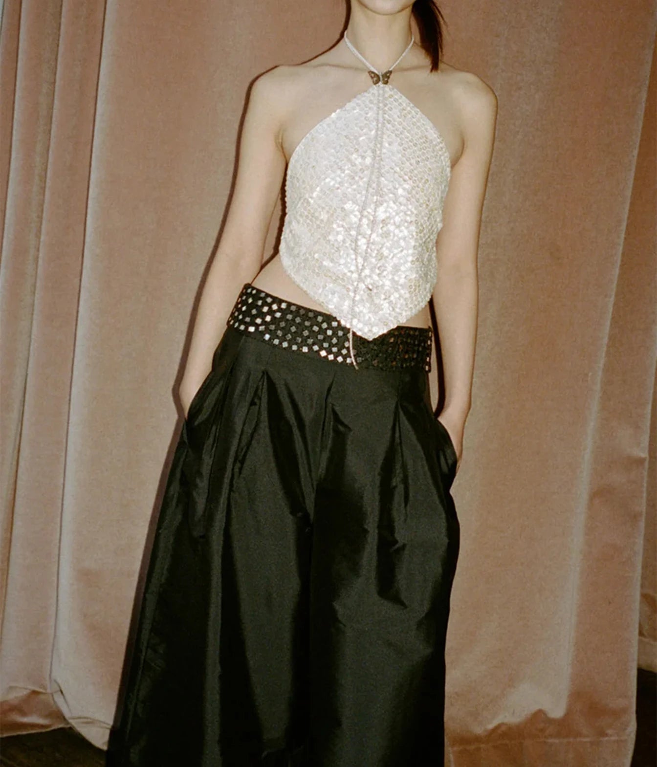 Chan Luu Halter Top with Shell Button in Shell - women's beaded halter top, front view styled with green trousers