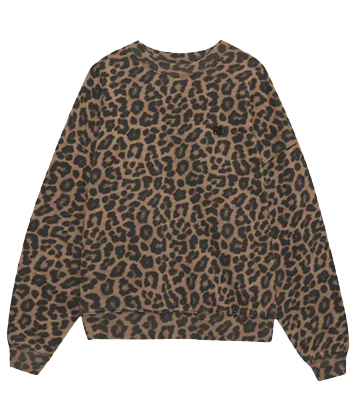 Oversized, relaxed fit. All-over black and brown leopard print. Soft, brushed cotton fleece interior, Crew neckline.