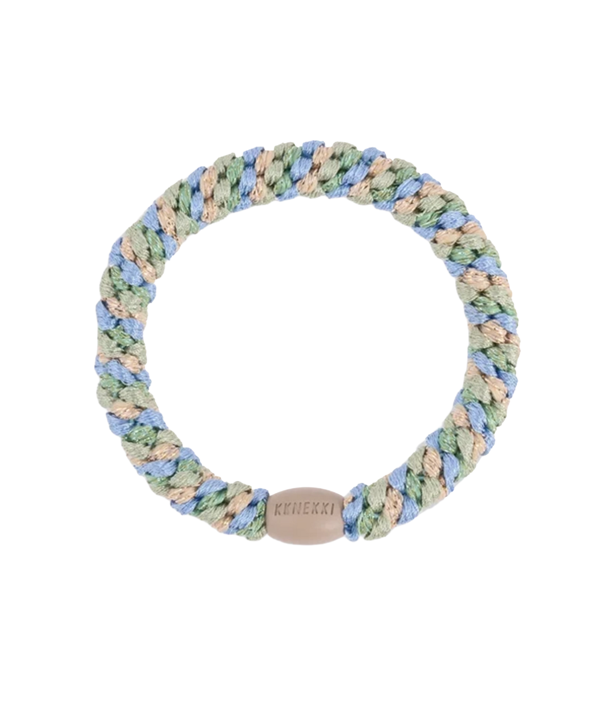 A multi coloured blue and green braided hair band with a smooth plastic bead with KKNEKKI writing
