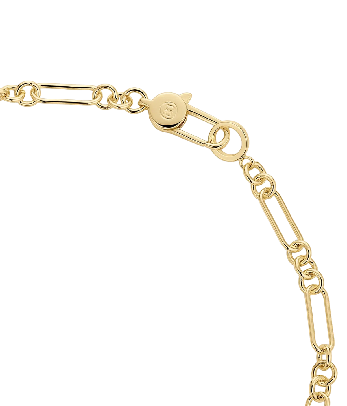 Close-up of the Gorjana Reed Link Necklace in Yellow Gold showing the link pattern and the clasp with a round logo tag