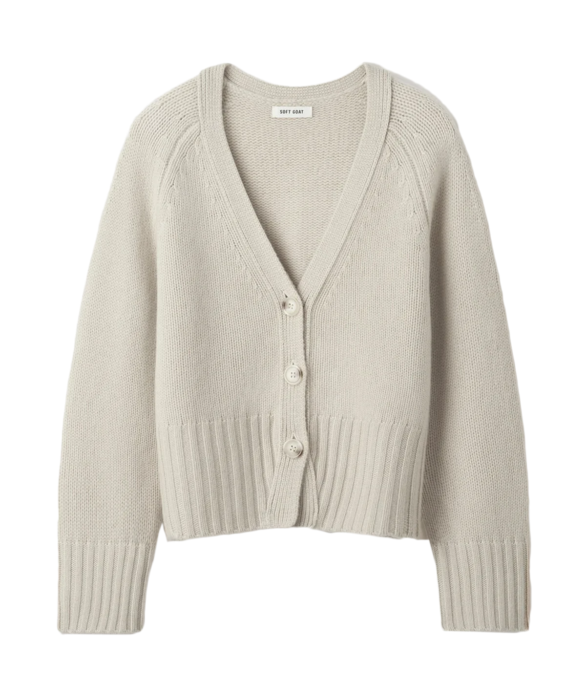 Chunky knit v-neck cashmere cardigan by Soft Goat in a relaxed fit with button-down front – luxury women’s knitwear.