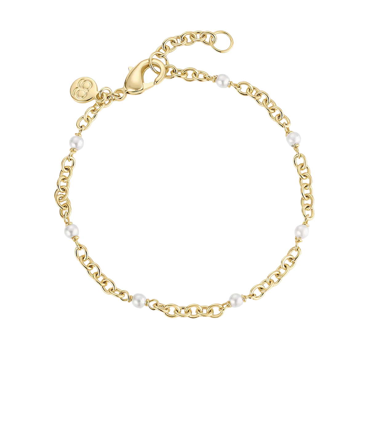 Gorjana Finley Pearl Dot Bracelet in Yellow Gold laid flat from a side angle, showing the pearl details along the chain and the adjustable extender chain