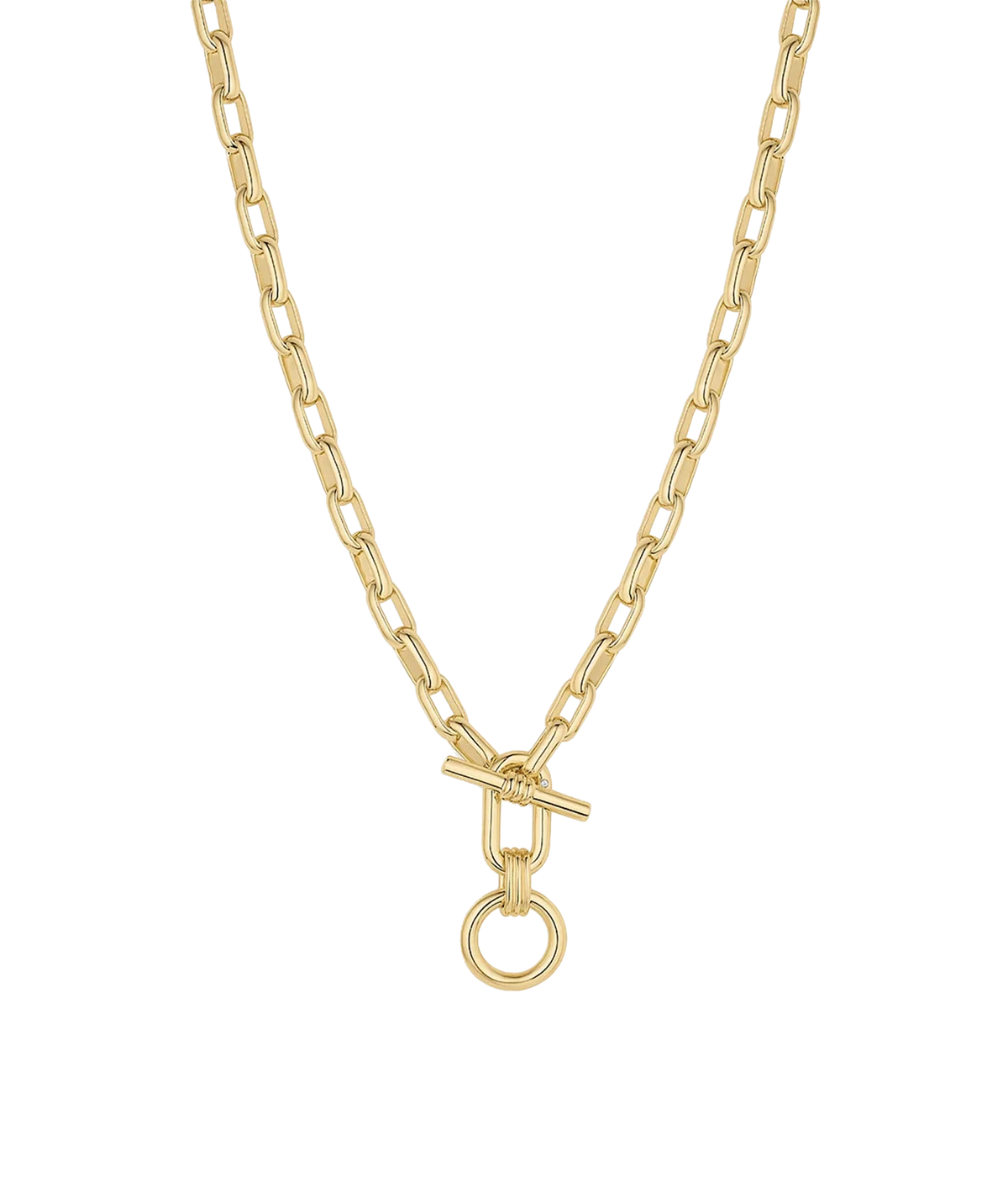 Gorjana Melrose Toggle Necklace in Yellow Gold laid flat, showing the oval link chain and front toggle bar closure with a hanging circle ring charm