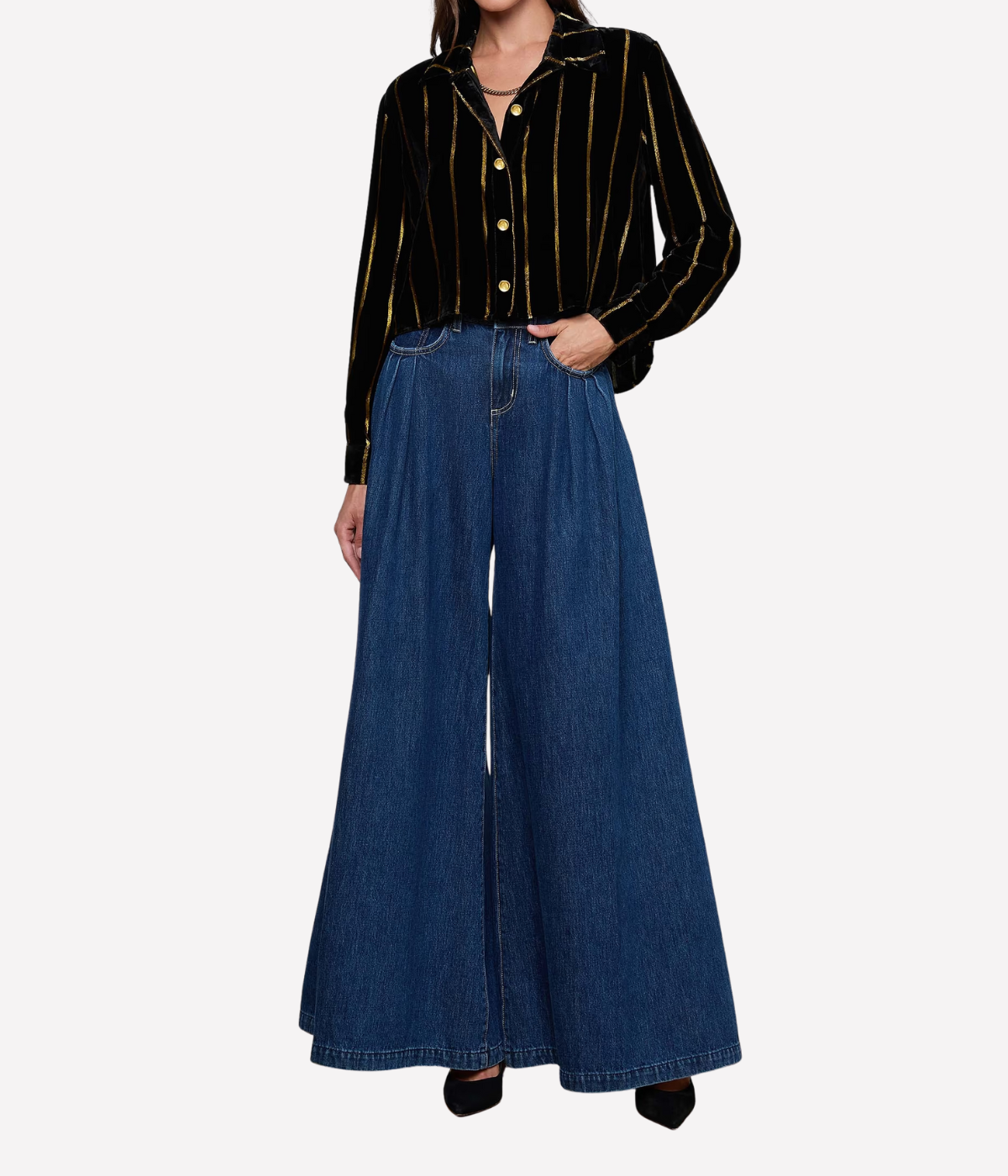 Cosette Crop Hi Low Shirt In Black Gold Stripe
