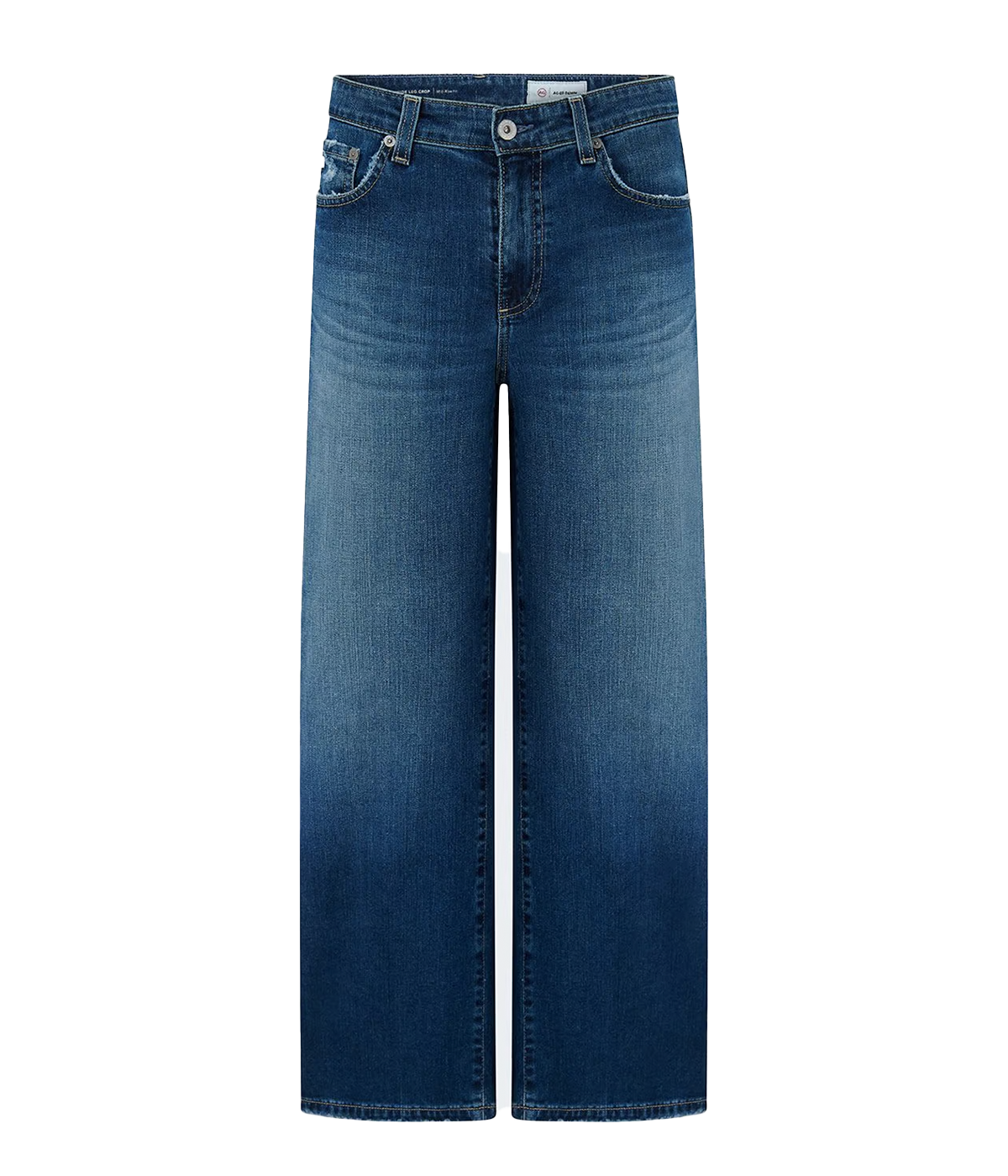 ALT text: Dark blue cropped wide-leg jeans with subtle fading, whiskering, and vintage finish.