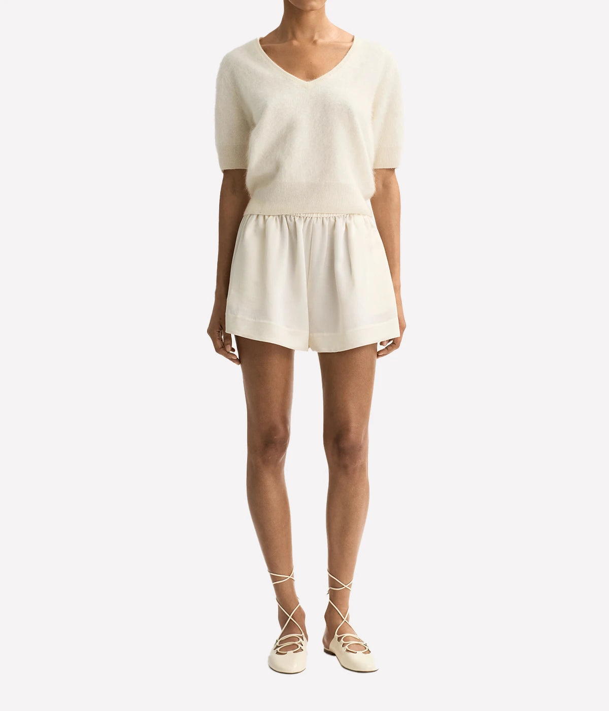 Brushed V Neck T-Shirt in Feather White