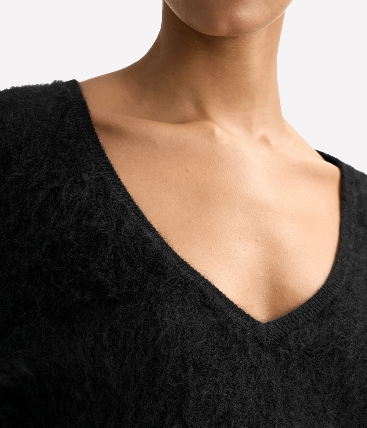 Soft Goat Brushed V Neck T-Shirt in Black – Close Up Detail