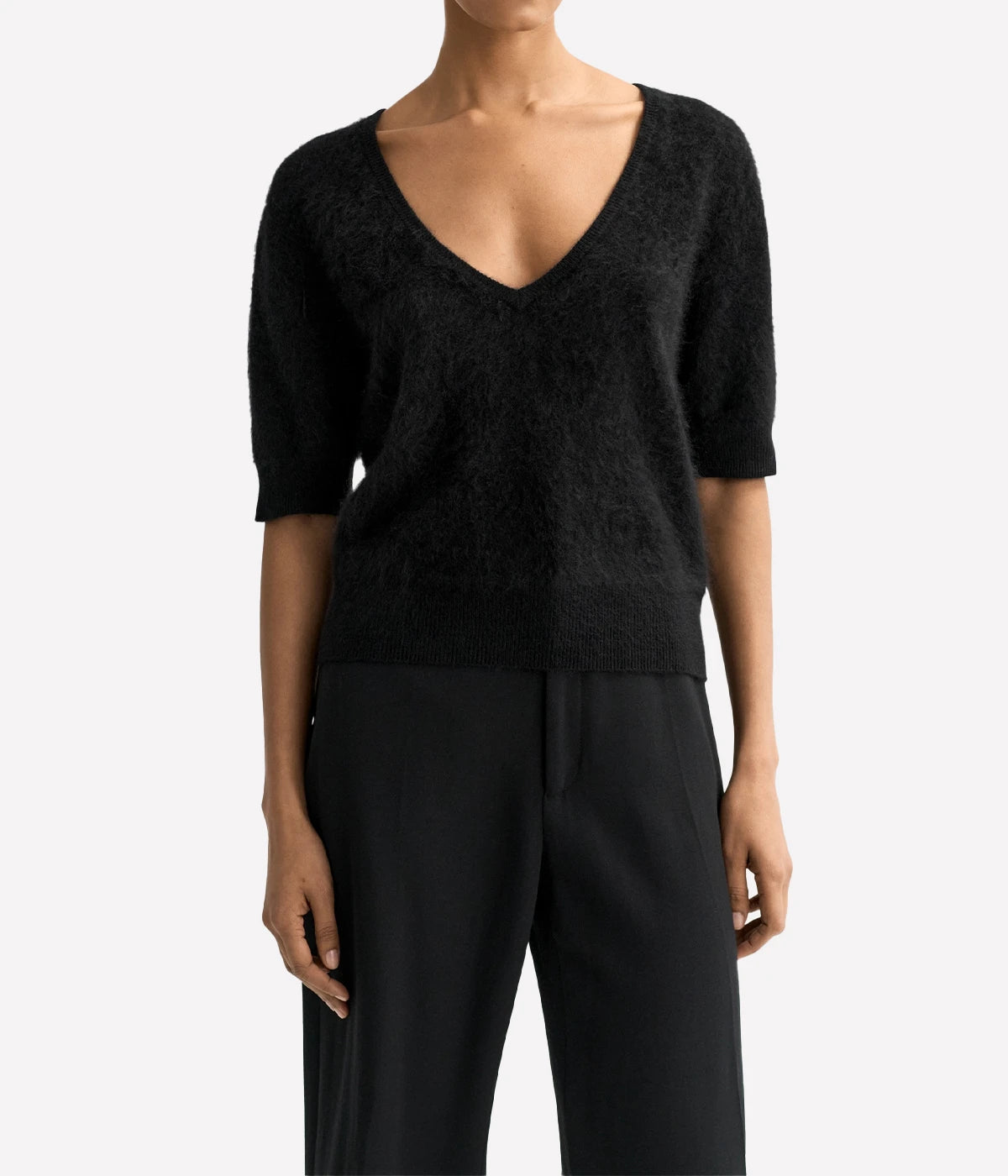 Brushed V Neck T-Shirt in BLACK