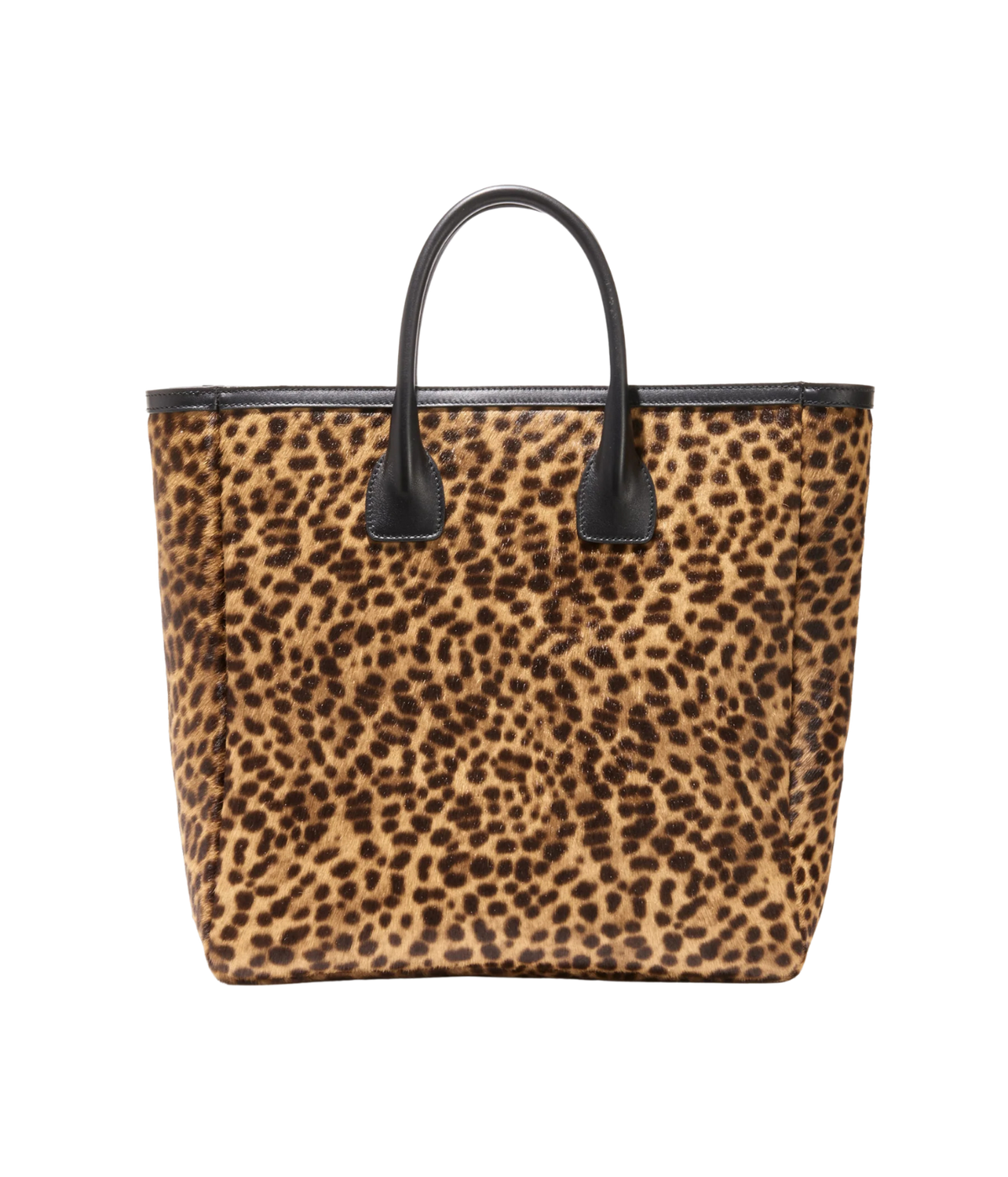 A leopard print tote bag with black leather handles and trim, shown against a plain white background.
