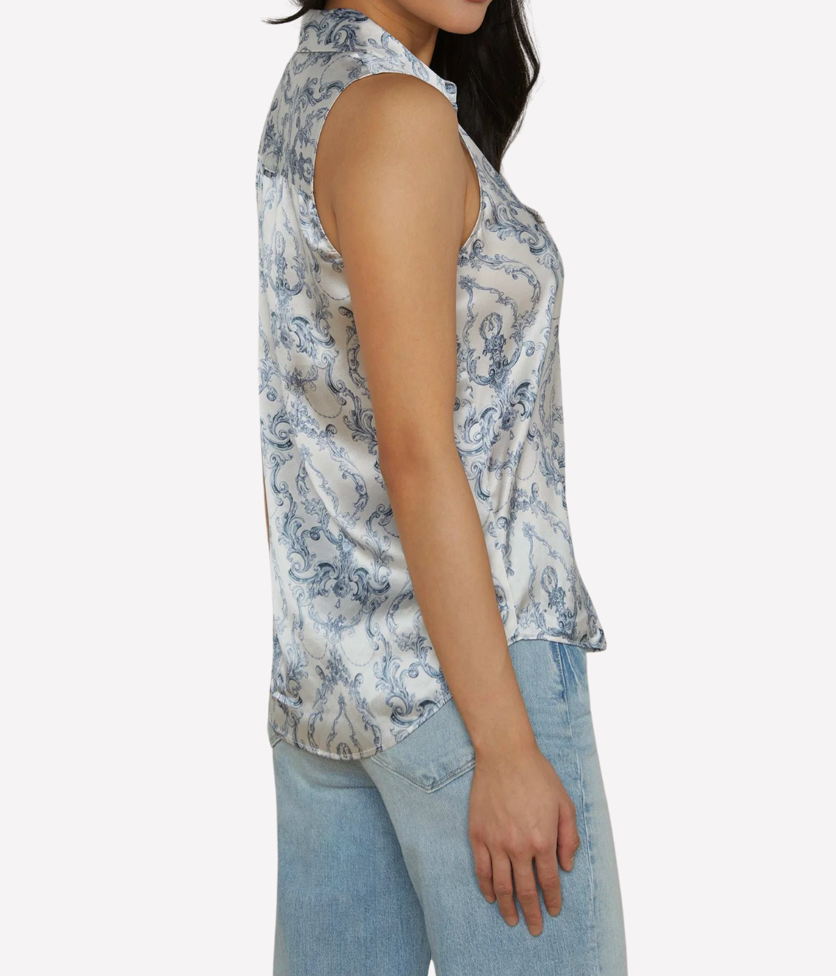 Emmy Sleeveless Blouse in Blue Scroll Toile