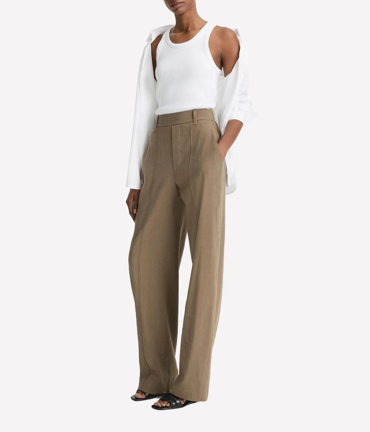 Vince high-waisted wide-leg pull-on linen-blend trousers with elasticised back waistband in a natural tone – women’s easy tailored pants.