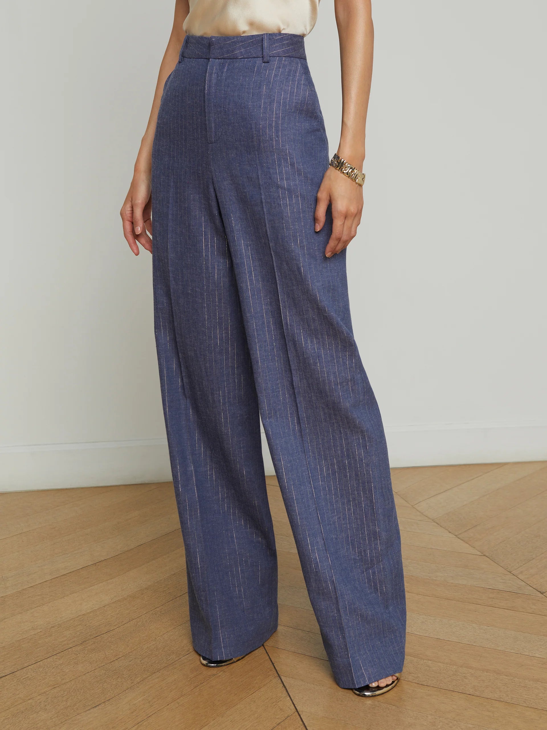 Livvy Straight Leg Trouser in Wild Wind Gold Pinstripe