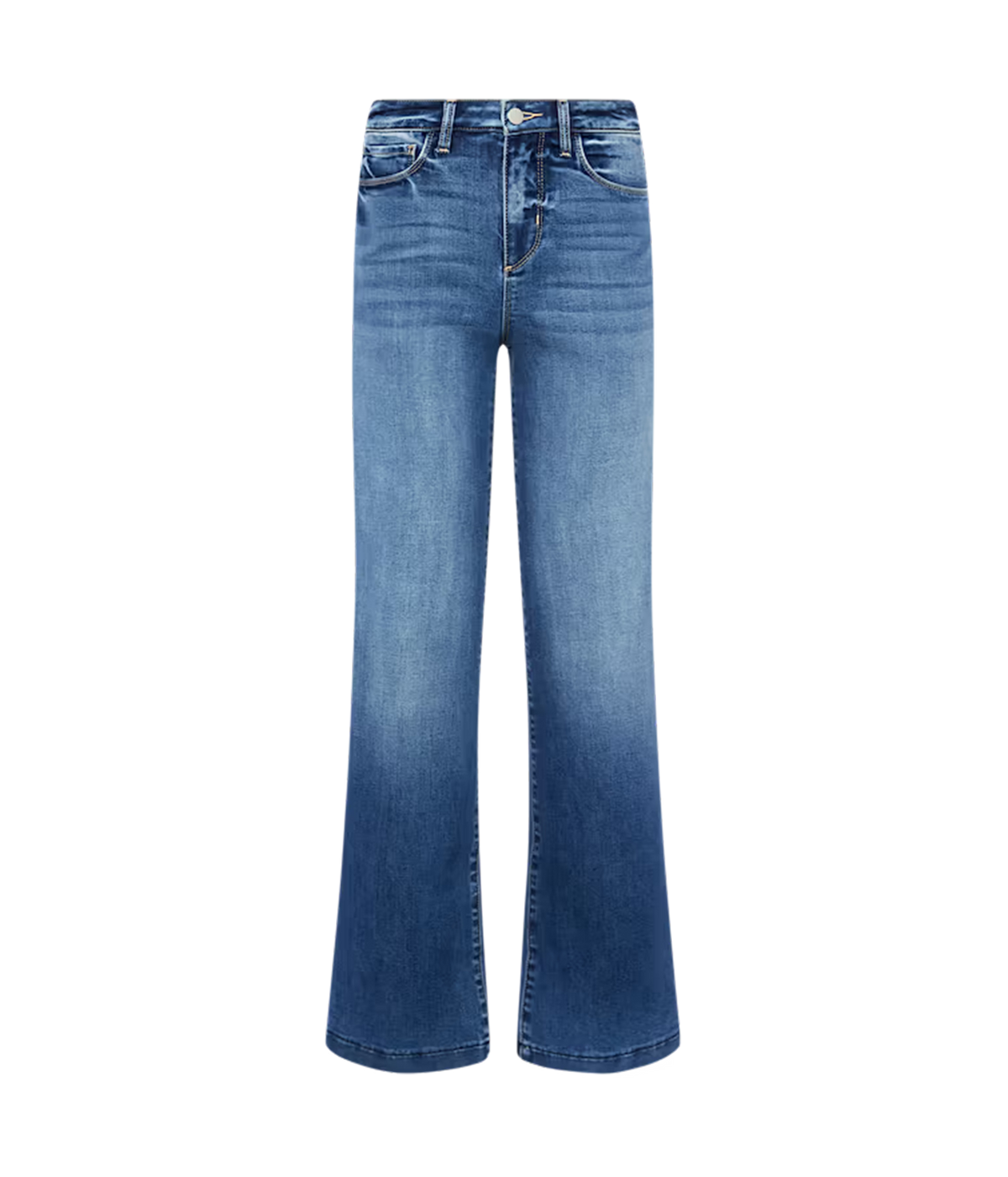 A pair of the L'AGENCE Scottie Wide-Leg Denim Jean in Cambridge with a wide-leg silhouette and a faded wash.