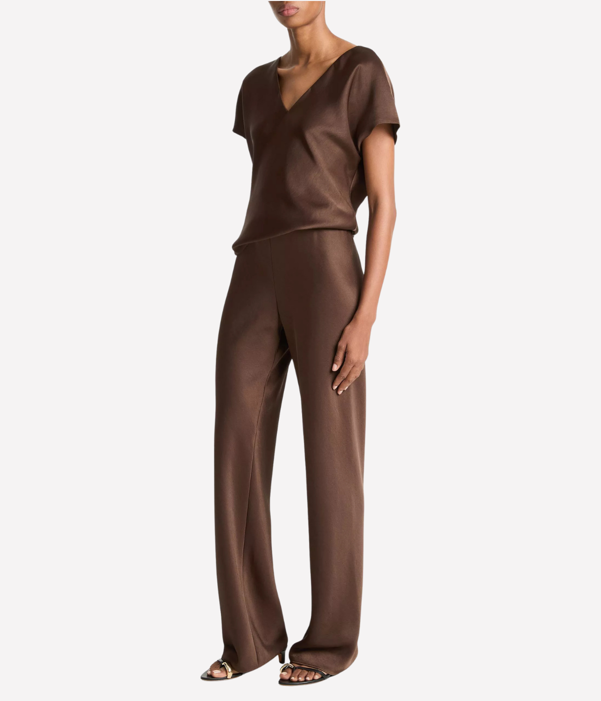 High Waist Fluid Satin Bias Pant in Espresso