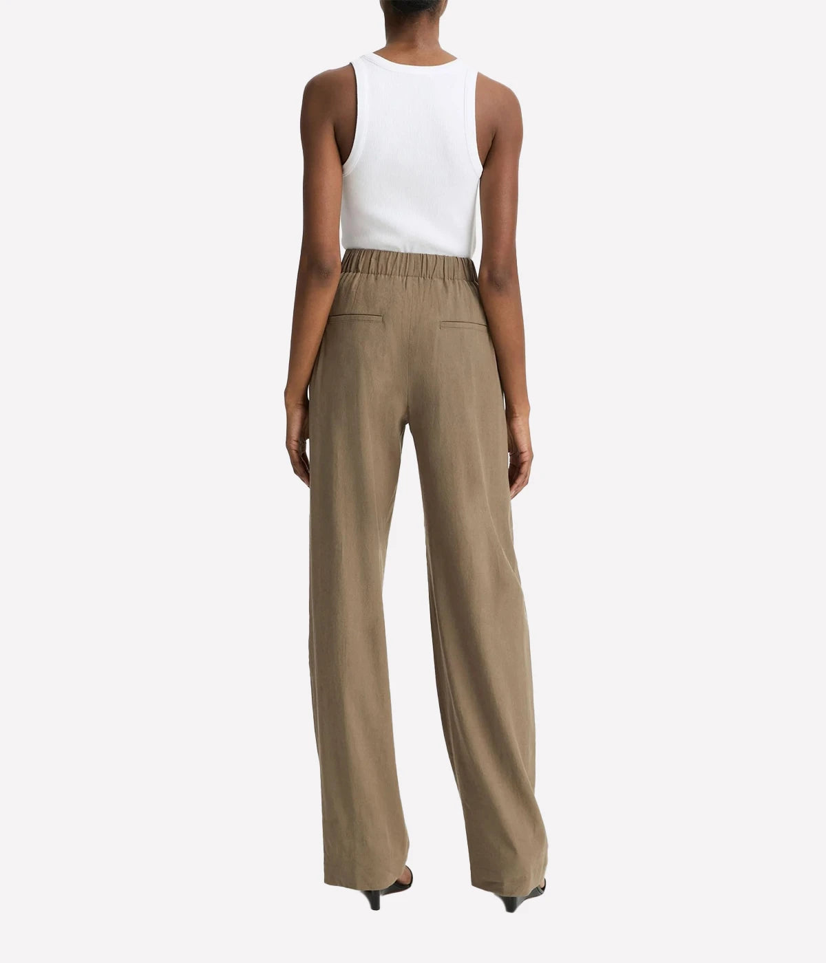 Vince high-waisted wide-leg pull-on linen-blend trousers with elasticised back waistband in a natural tone – women’s easy tailored pants.
