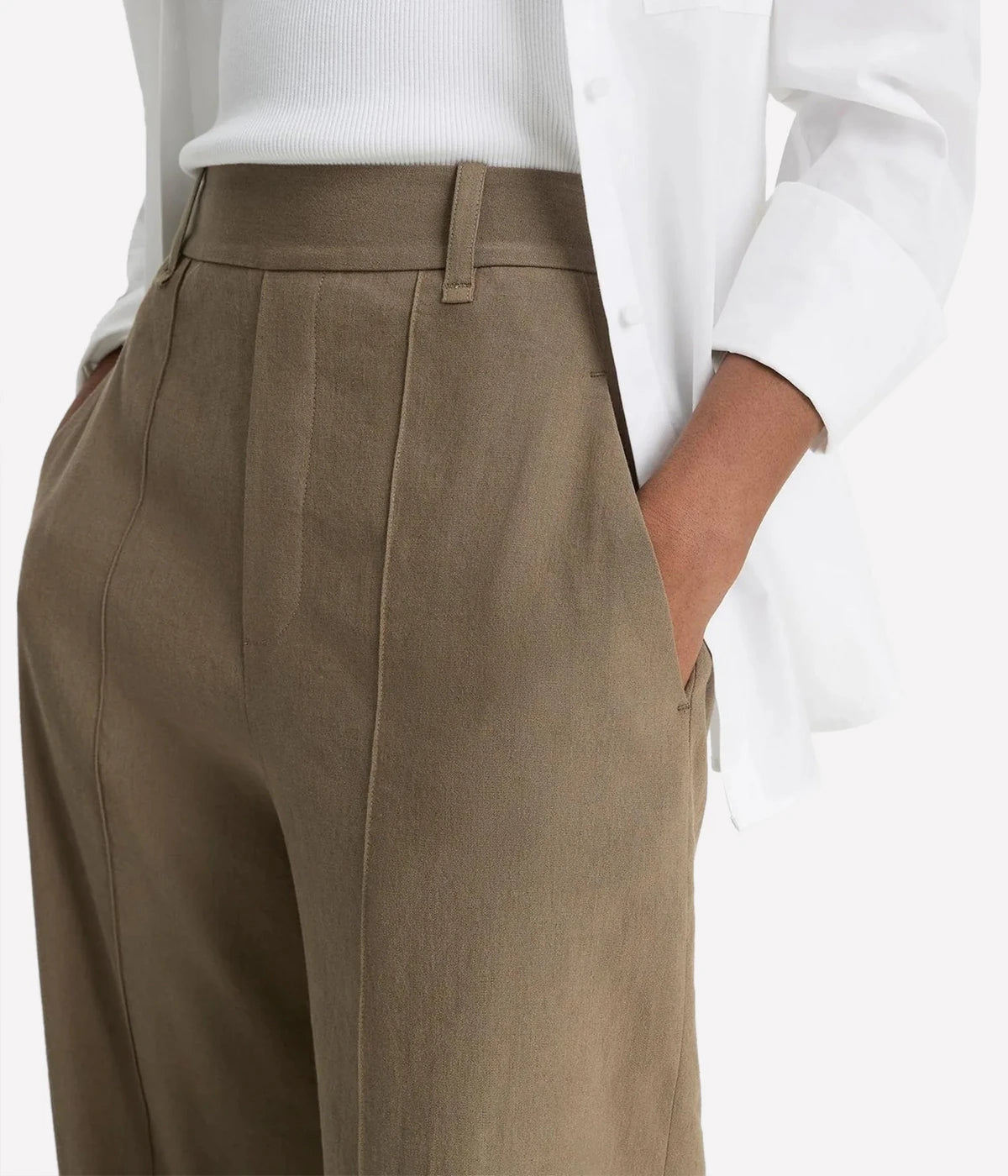 Vince high-waisted wide-leg pull-on linen-blend trousers with elasticised back waistband in a natural tone – women’s easy tailored pants.