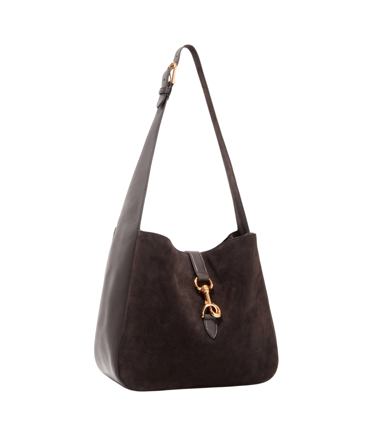 A dark brown suede shoulder bag with a gold-tone horsebit hardware detail on the front strap, shown against a plain white background.
