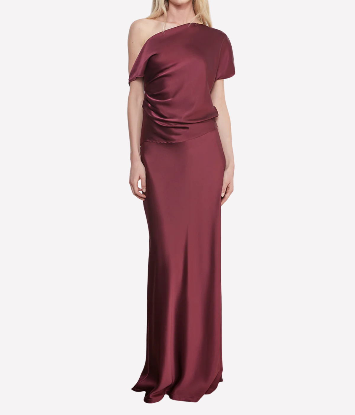 Silk Satin Assym Drape Top in Carmine