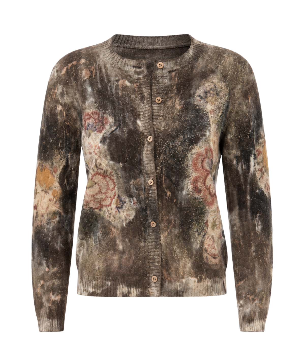 Laminated Light Cashmere Round Neck Cardigan with Needle Punching in Yak