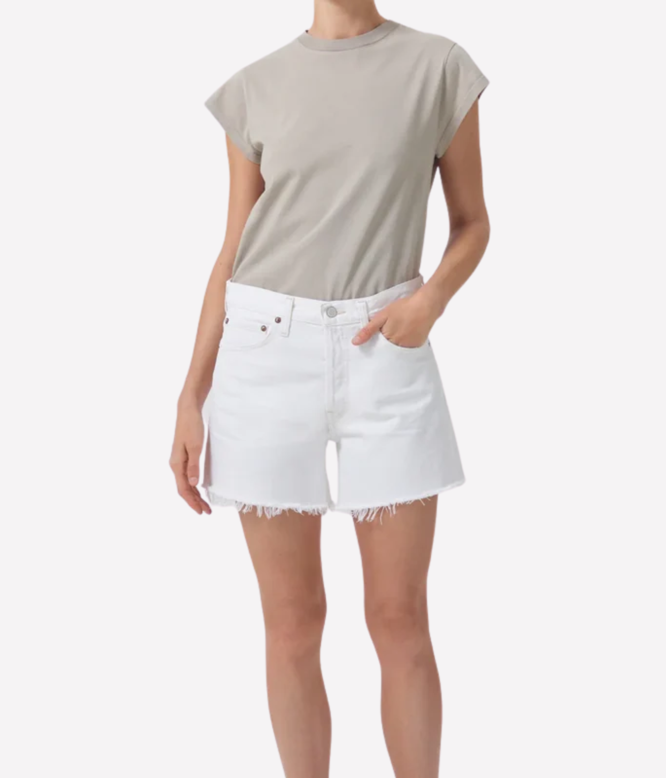 AGOLDE Parker Long Shorts in Panna Cotta wash, featuring a high-rise fit, relaxed silhouette, and frayed hem.