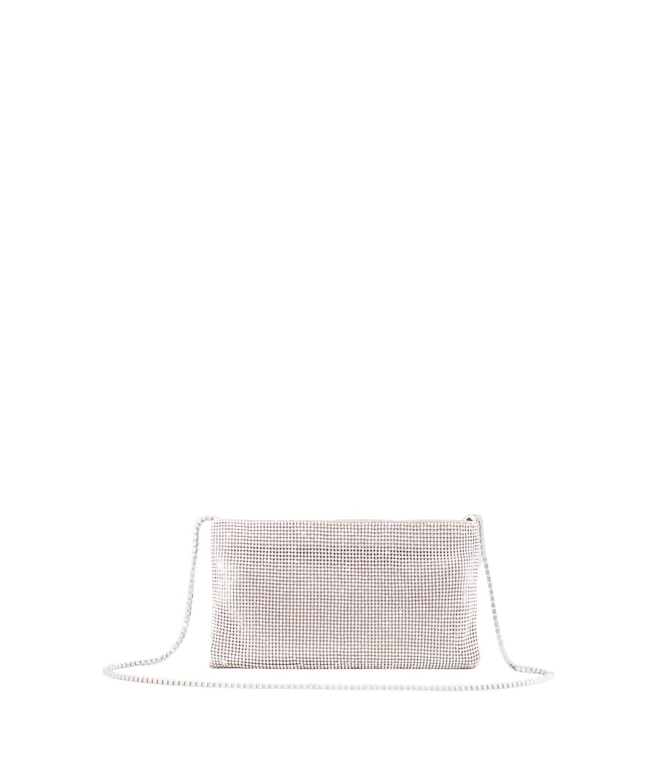 A small rectangular clutch bag covered in shimmering rhinestones, with a thin silver chain strap, shown on a plain white background.