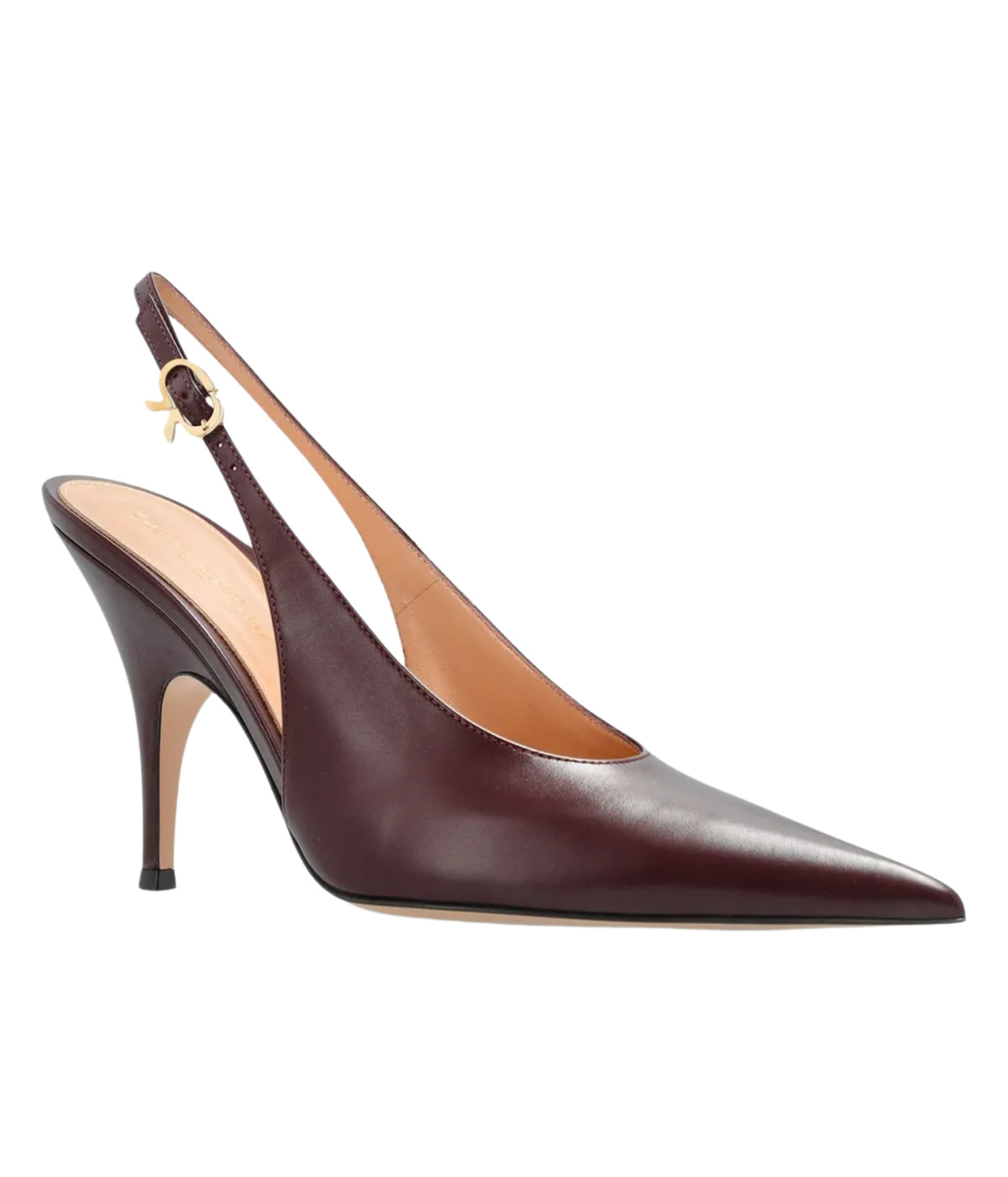 Gianvito Rossi Sofia Sling 70 in Bourgogne angled from the front, showing the pointed toe, curved stiletto heel, tan leather lining and adjustable slingback strap
