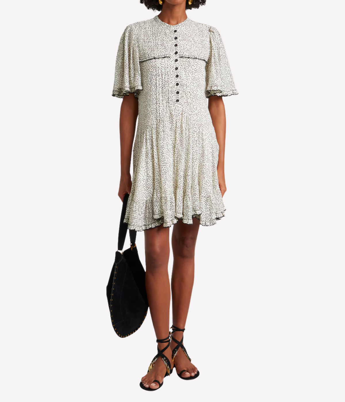Isabel Marant Daynia Cotton Mini Dress in Ecru Black, front model view highlighting the loose silhouette and polka dot print.