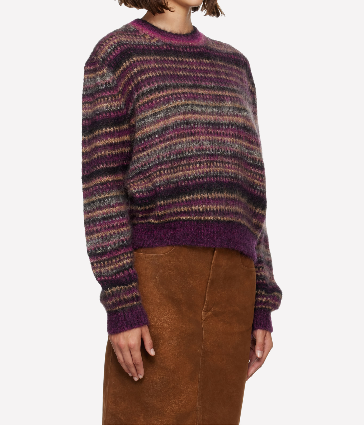 Side shot of woman wearing fluffy knit jumper in horizontal coloured stripes - Isabel Marant Morine Mohair Sweater In Plum