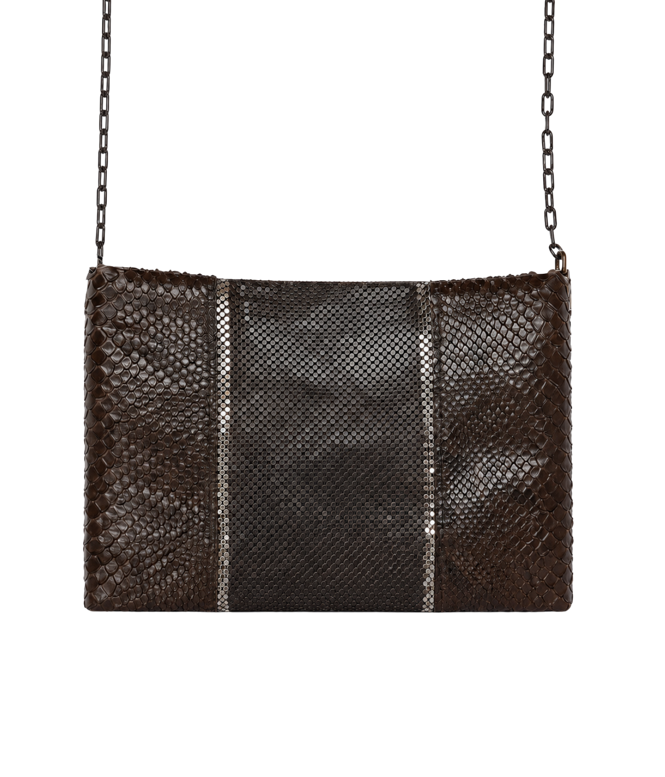 A dark brown snakeskin-patterned clutch bag with a chain strap, shown against a plain white background.