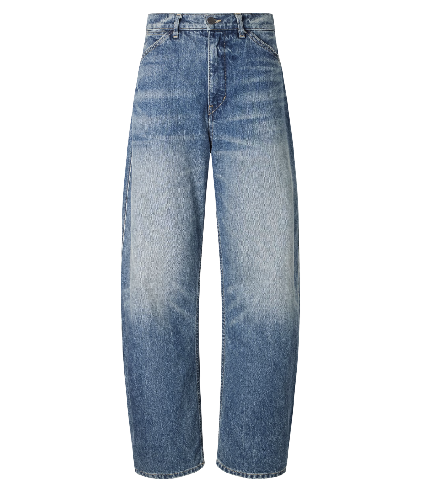 A pair of high-waisted, wide-leg blue jeans with a vertical fading effect that transitions from medium blue at the waist to a very light, almost white wash at the lower legs, shown against a plain white background.