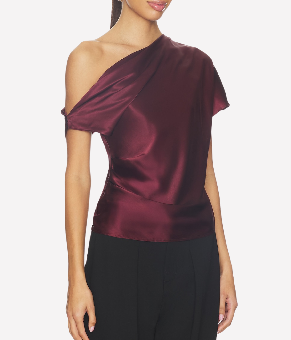 Silk Satin Assym Drape Top in Carmine