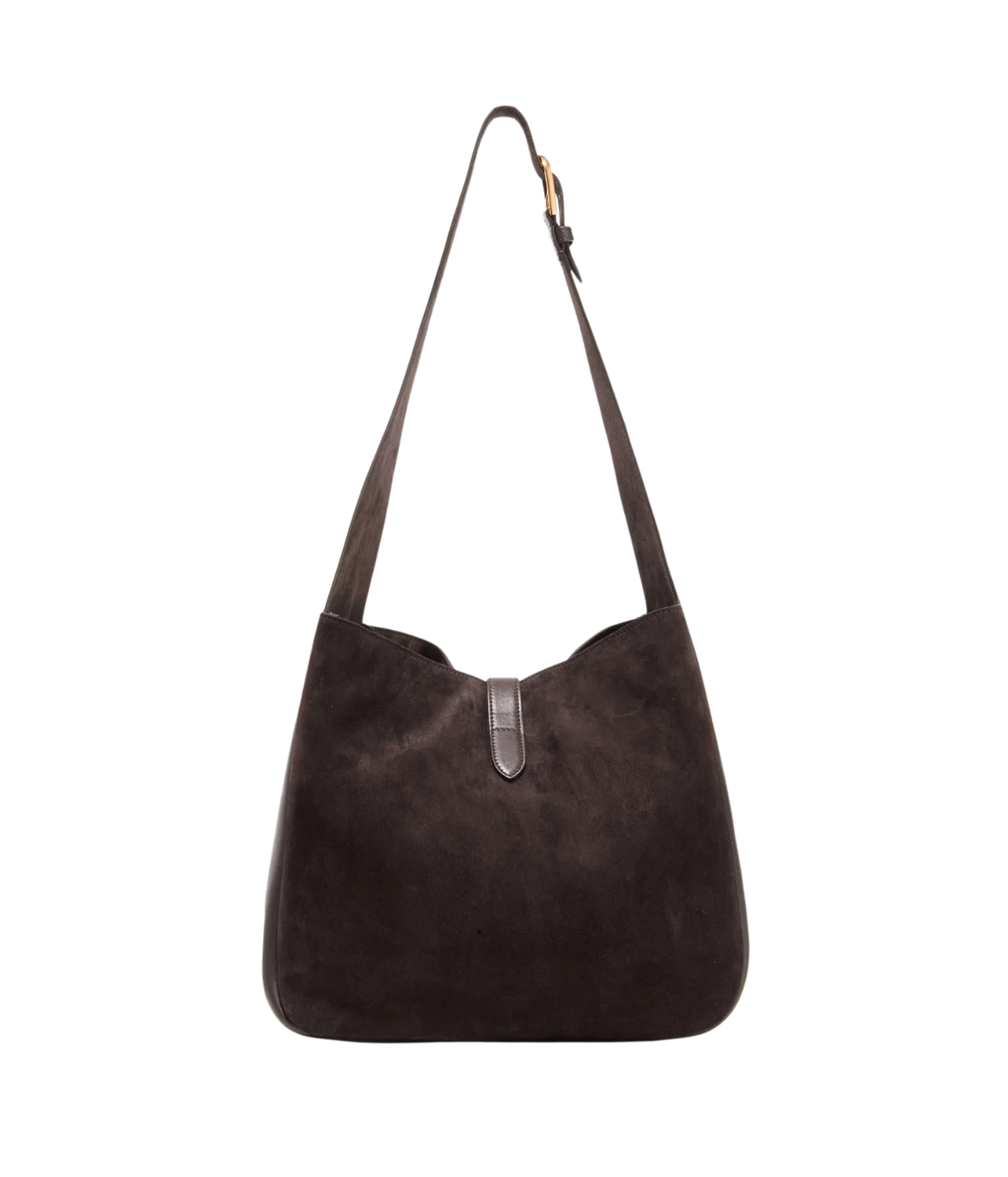 A dark brown suede shoulder bag with a single adjustable strap and a small metallic silver accent on the front, shown against a plain white background.