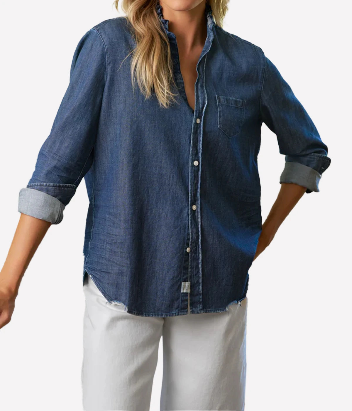 Eileen Ruffle Collar Button-Up in Vintage Dark Wash
