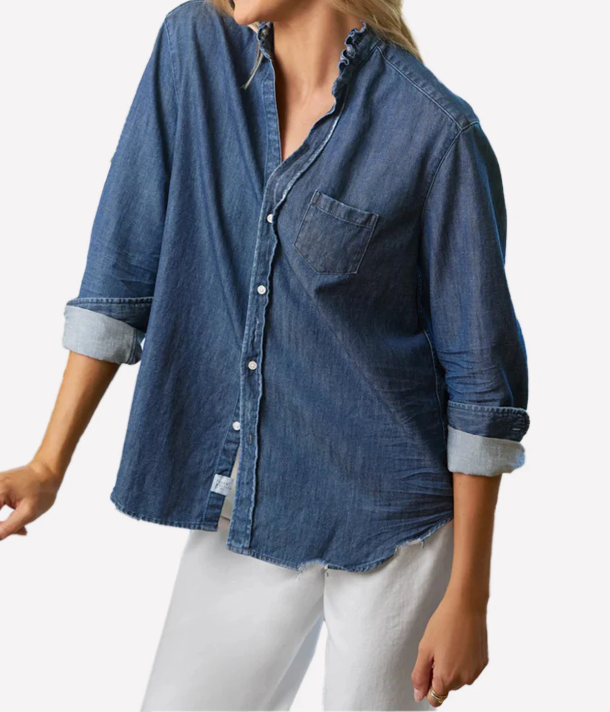 Eileen Ruffle Collar Button-Up in Vintage Dark Wash