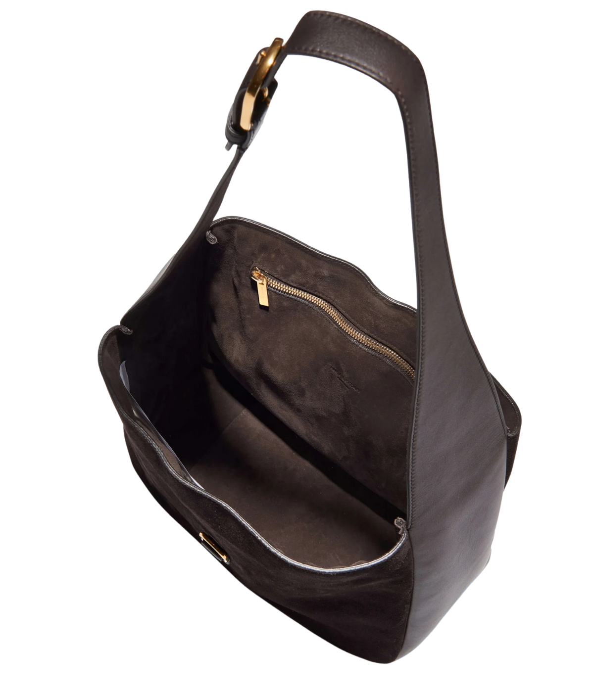 A dark brown leather shoulder bag shown open from an elevated angle, revealing a dark brown interior with a zippered pocket and gold-tone hardware, set against a plain white background.