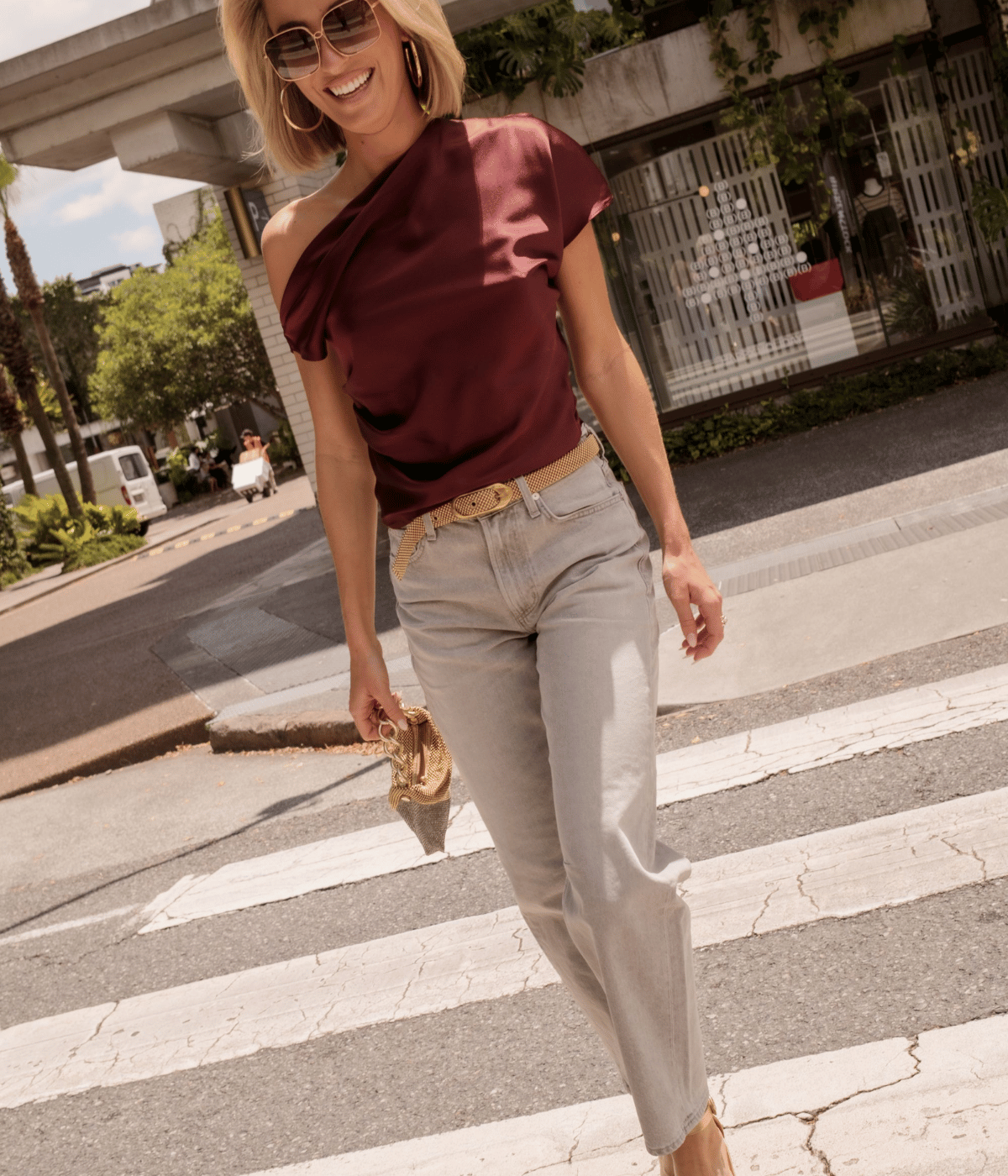 Silk Satin Assym Drape Top in Carmine