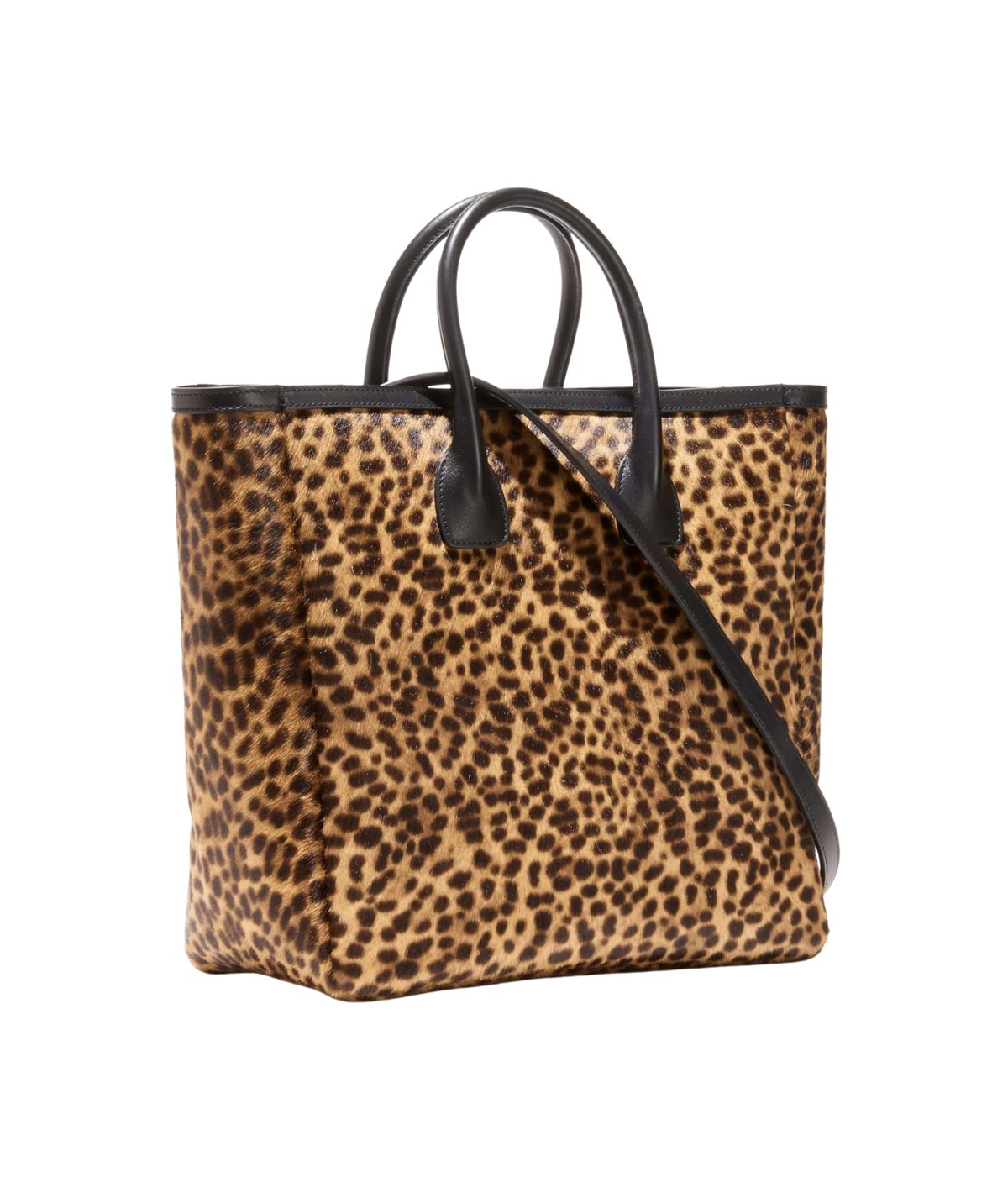 A leopard print tote bag with black leather handles and trim, shown on a plain white background.