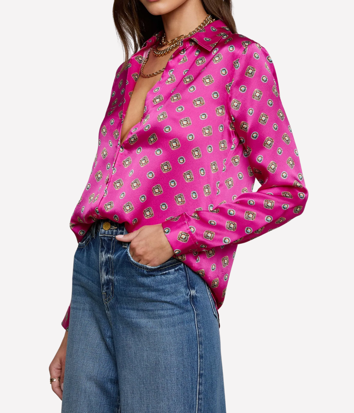 Tyler L/S Blouse IN Fuchsia Turquoise Southwestern Geo