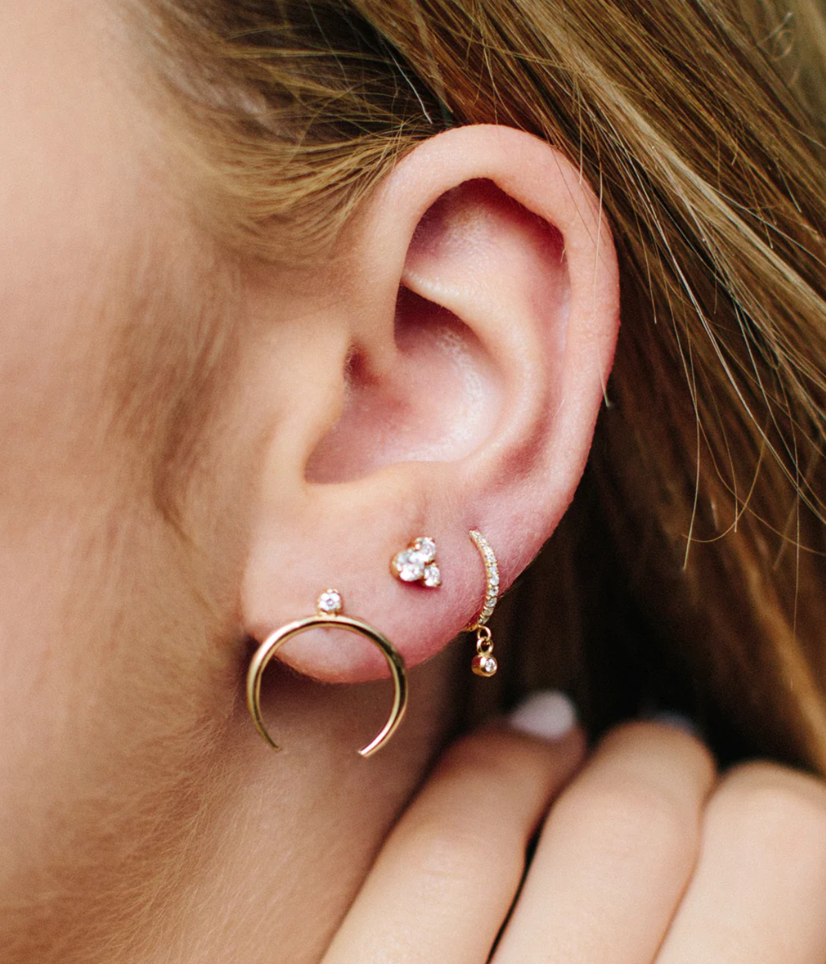 3 Mix Diamond Trio Studs in 14k Yellow Gold