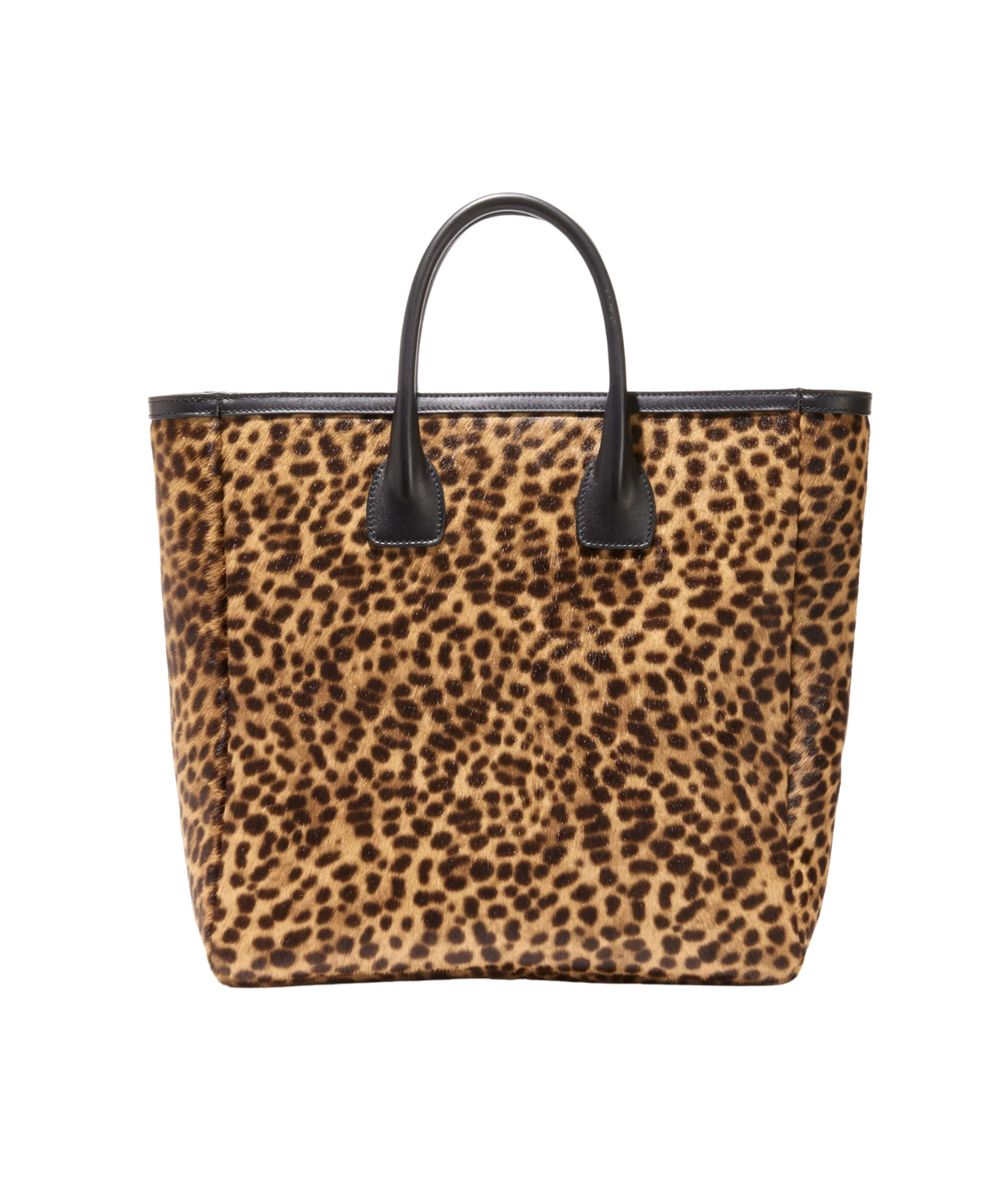 A leopard print tote bag with black leather handles and trim, shown against a plain white background.