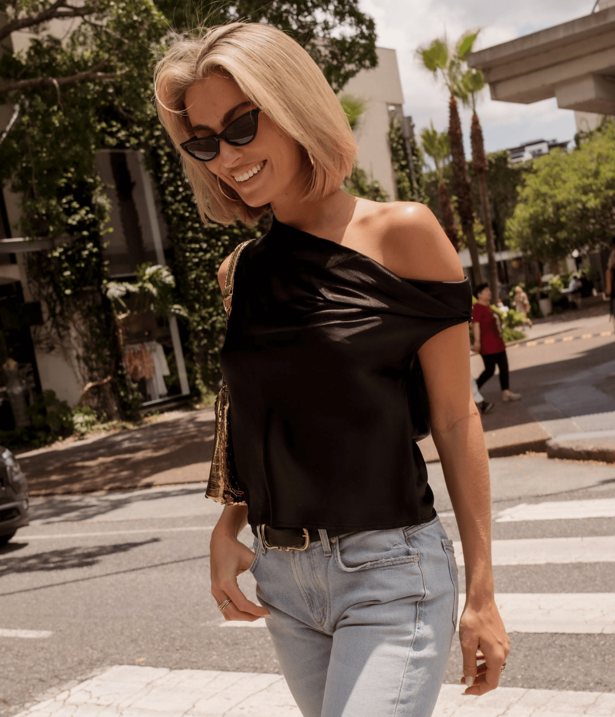 Satin Bias Off Shoulder in BLACK