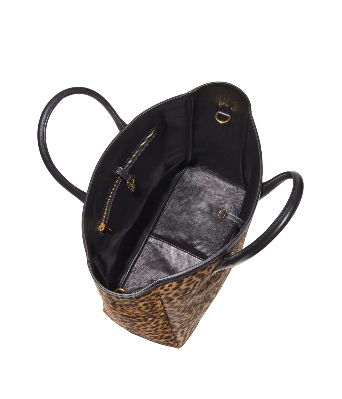 A top-down view of a structured tote bag with a leopard print exterior, black leather handles, and a black interior with a zippered pocket and gray lining.
