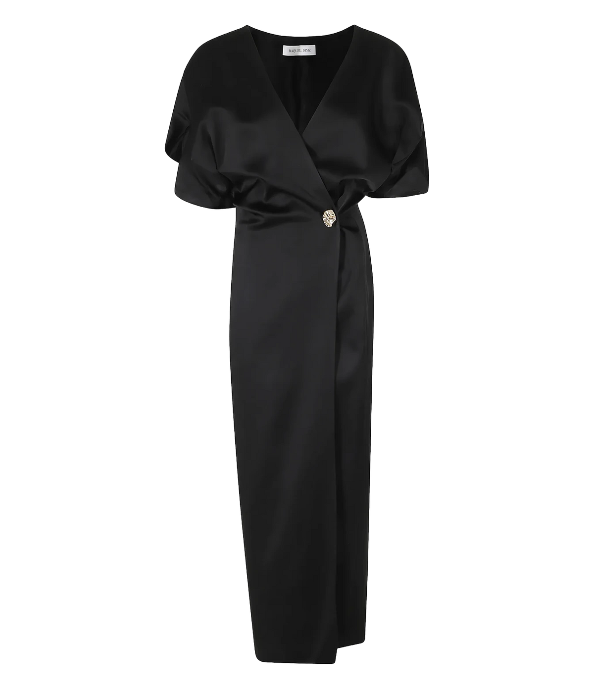 Raquel Diniz Anastasia Midi Dress in Black laid flat, showing the satin wrap V-neckline, draped short puff sleeves, jewelled side button and slim column midi skirt