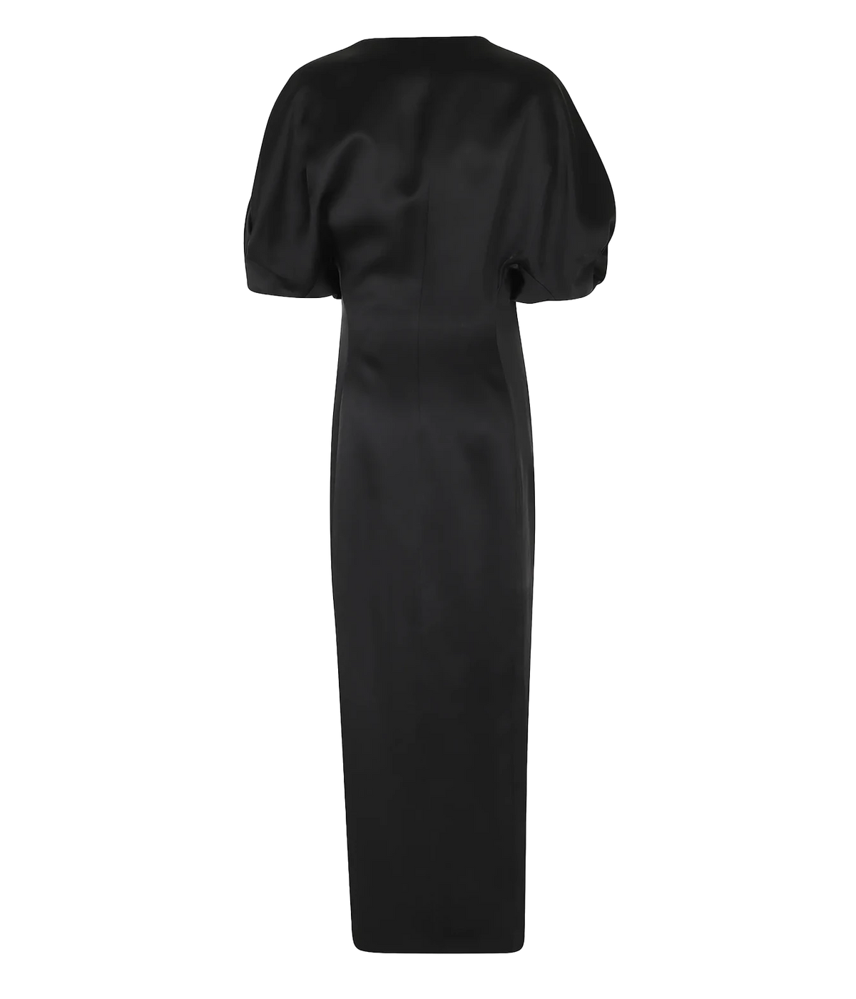 Back view of the Raquel Diniz Anastasia Midi Dress in Black laid flat, showing the rounded draped sleeves and sleek straight midi silhouette
