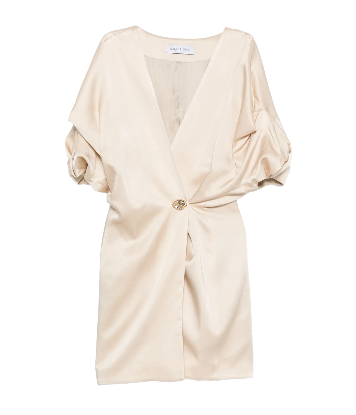 Raquel Diniz Anastasia Short Dress in Vanilla laid flat, showing the cream satin wrap V-neckline, gathered short puff sleeves and jewelled button fastening at the side