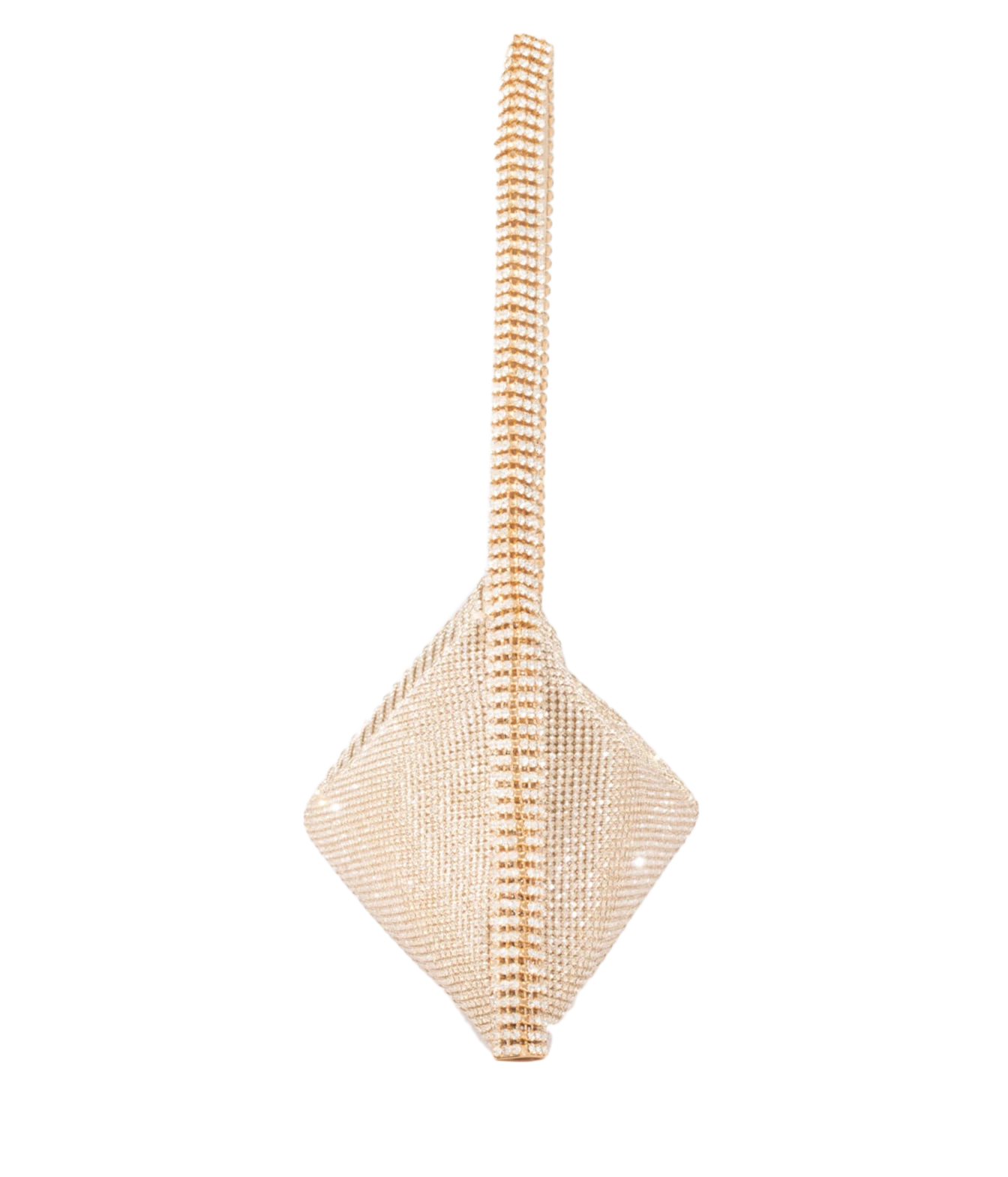 A gold beaded clutch purse with a diamond-shaped body and a long matching handle, shown against a plain white background.