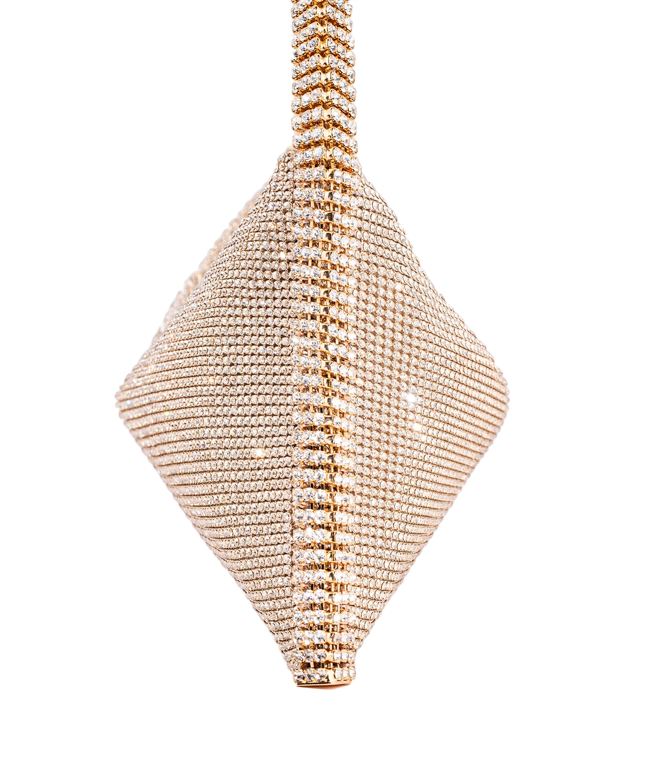 A rhinestone-embellished diamond-shaped hanging ornament or clutch with a vertical handle, shown against a plain white background.